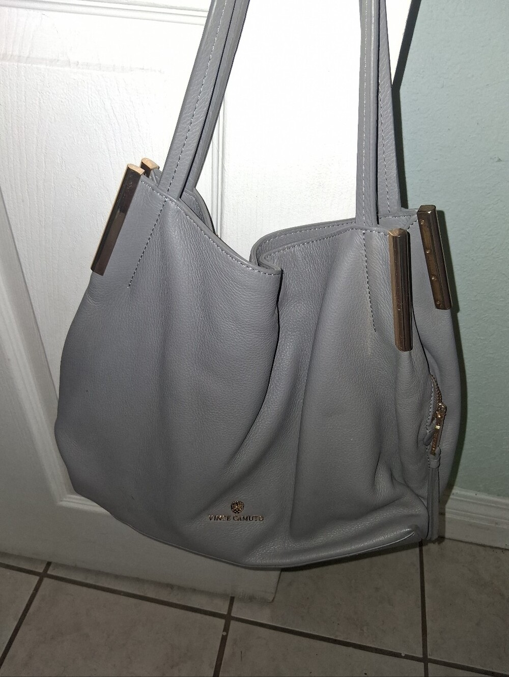 Vince Camuto Light Gray Pebbled Leather Shoulder Tote with Gold Hardware